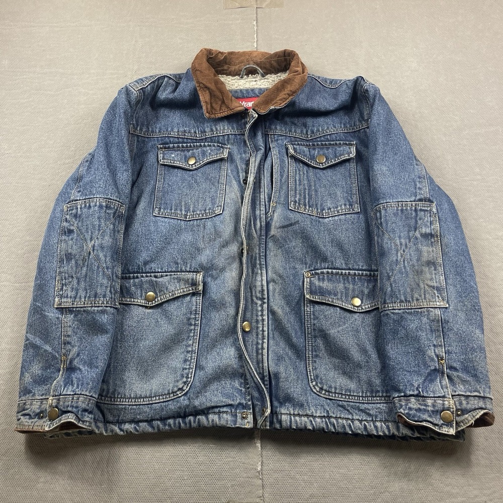 Wrangler Jacket Mens 2XL Blue Denim Sherpa Lined Corduroy Collar Workwear Pocket